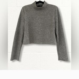 Zara Grey Cropped Mock Neck Ribbed Padded Sweater Size Small